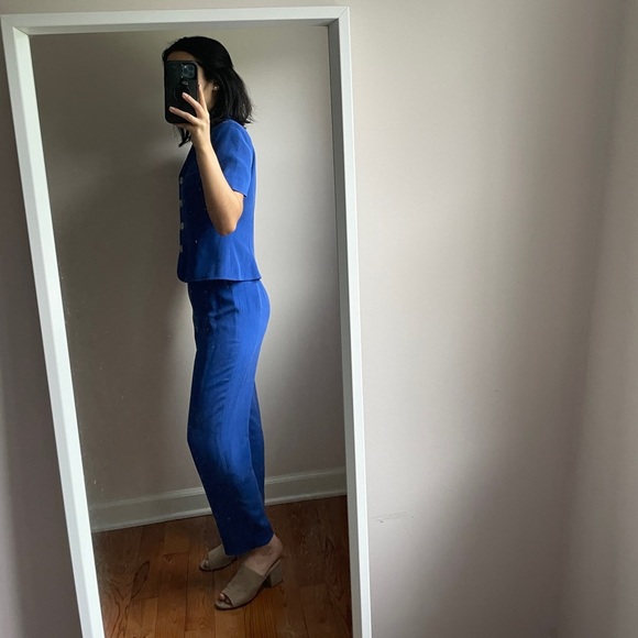 Maggy London Silk Vintage Shoulder Padded Women’s Deep Royal Blue Pant Suit - Picture 6 of 15